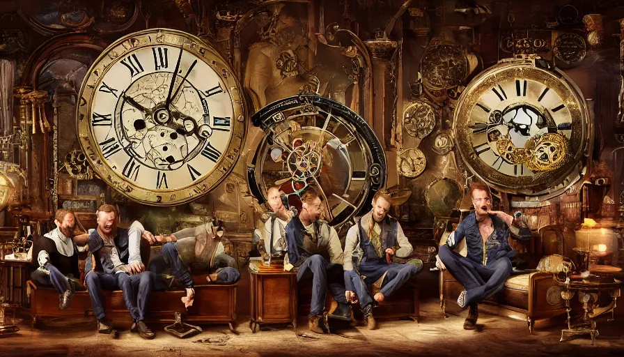 Image similar to coldplay in a circular common room full of antique clocks, high detail, steampunk, fantasy, mechanical, 4 k, trending on artstation