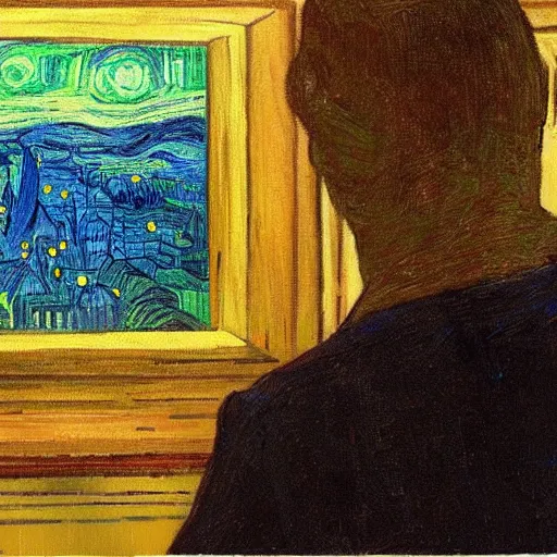 Prompt: painting of the last human on earth watching annalien invasion descending onto a city, in the style of Vincent Van Gogh and Edward Hopper