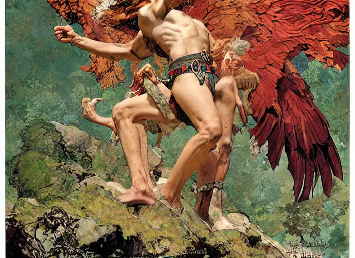 Image similar to portrait of a mythical griffin standing on a rock, by norman rockwell and jesper ejsing and jason fabok and tom lovell and frank schoonover