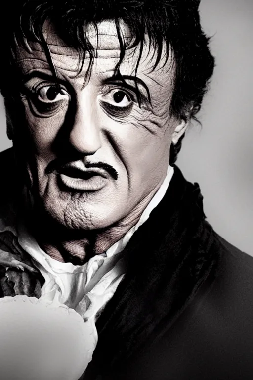 Image similar to sylvester stallone as edgar allen poe, cinematic, dramatic, mood lighting