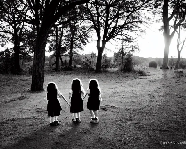 Prompt: Twin girls at iron gate at sunset - black and white photo