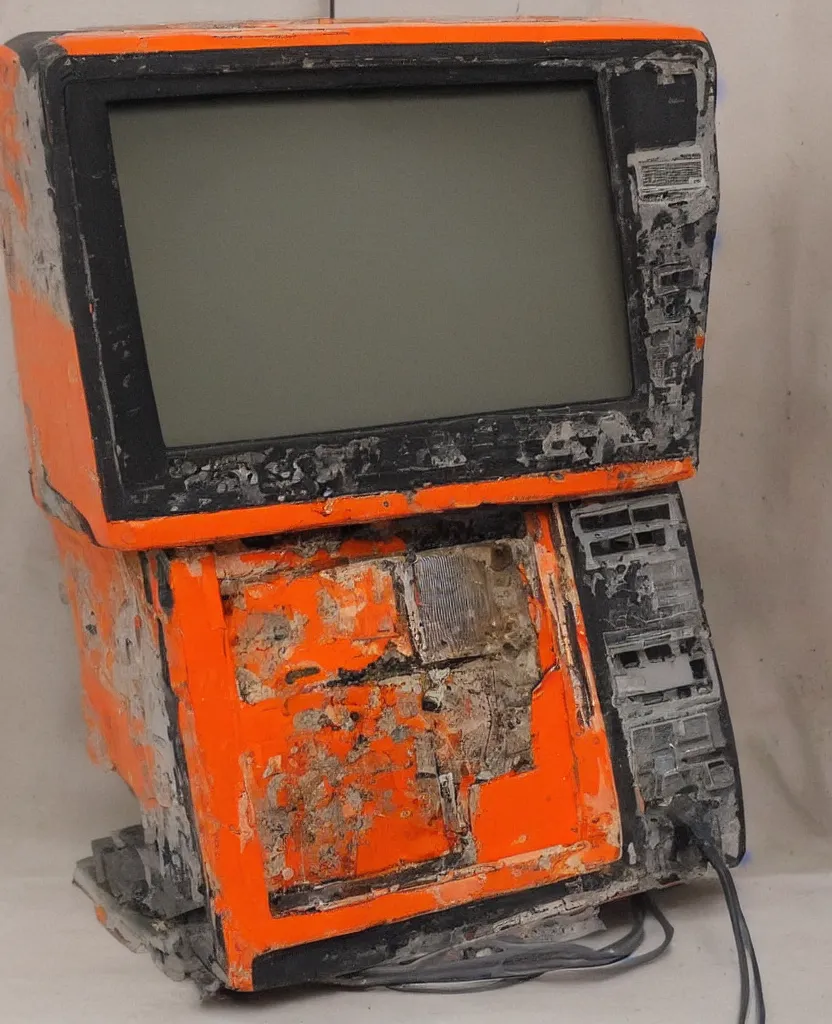 Prompt: broken orange vintage crt monitor