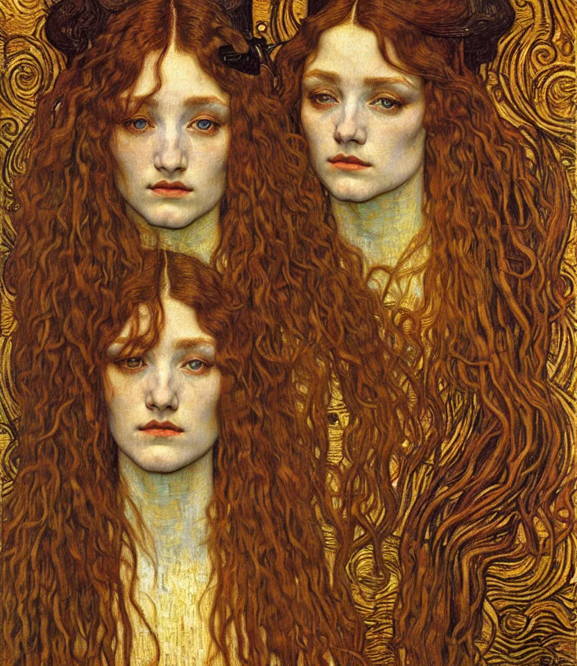 Image similar to detailed realistic beautiful young medieval queen face portrait by jean delville, gustav klimt and vincent van gogh, art nouveau, symbolist, visionary, gothic, pre - raphaelite, muted earthy colors, desaturated