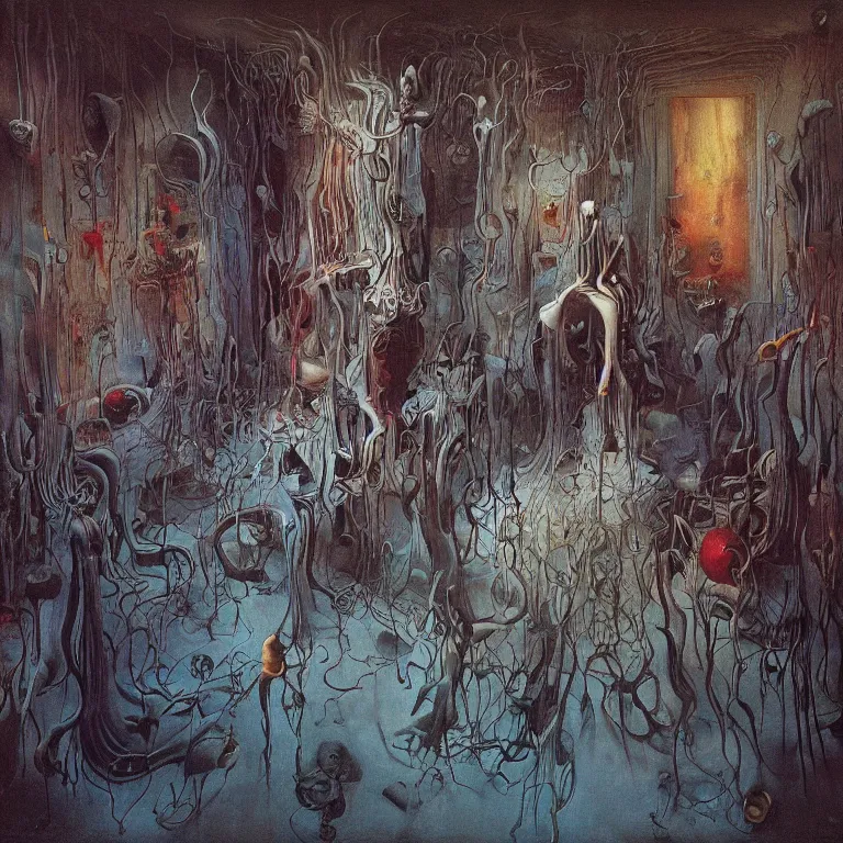 Prompt: room of chaos by salvador dali, dark art by james jean, zdzislaw beksinski, abstract surrealism, deep rich colors, masterpiece