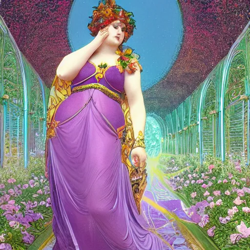 Prompt: a stunning vector portrait of a thicc and voluptuous palutena wearing a gossamer purple floor length dress walking through a flowering garden in the rain, intricate, elegant, highly detailed, artstation, concept art, ultra sharp focus, octane render, volumetric lighting, god rays, art by jugendstil and greg rutkowski and alphonse mucha