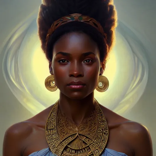 Image similar to portrait of an african american goddess, half body, perfect face, intricate, elegant, highly detailed, digital painting, artstation, concept art, smooth, sharp focus, illustration, art by artgerm and greg rutkowski and alphonse mucha