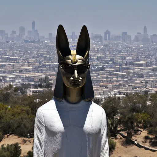 Image similar to a portrait of a statue of the Egyptian god Anubis wearing aviator goggles, white t-shirt and leather jacket. The city of Los Angeles is in the background. hi-res dslr photograph