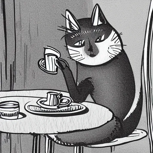 Image similar to A cat sipping coffee, cartoon