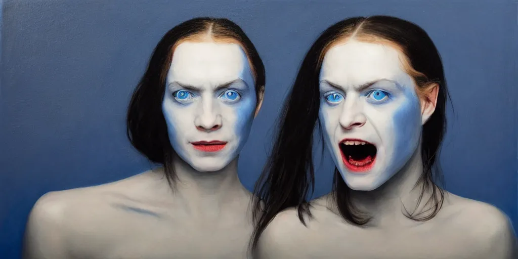 Prompt: with malice, your blue skin, with malice, your blue eyes, with malice, your, white smile with malice, your whole body, at last, with malice, with malice, will it be when i stay awake thinking of her, does she think a little about me? painting by gottfried helnwein