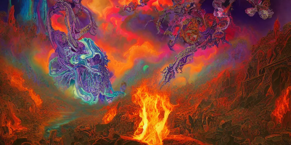 Image similar to gigantic psychedelic demonic cosmic skull of death and fire, outer space, fantasy painting, ultra realistic, dmt, rule of thirds, wide angle, art nouveau, intricate details, digital painting, rainbowshift, vivid colors, highly detailed by peter mohrbacher, h. r. giger, maxfield parrish, craig mullins, octane render, cgi