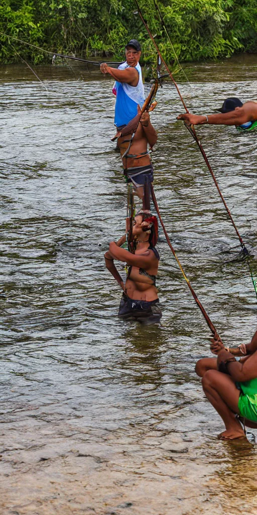 Prompt: indigenous brazilian couple Archery fishing in the Tuatuari River. unreal 5, hyper realistic, realistic, photo realistic, dynamic lighting, highly detailed, cinematic landscape, studio landscape, studio lighting