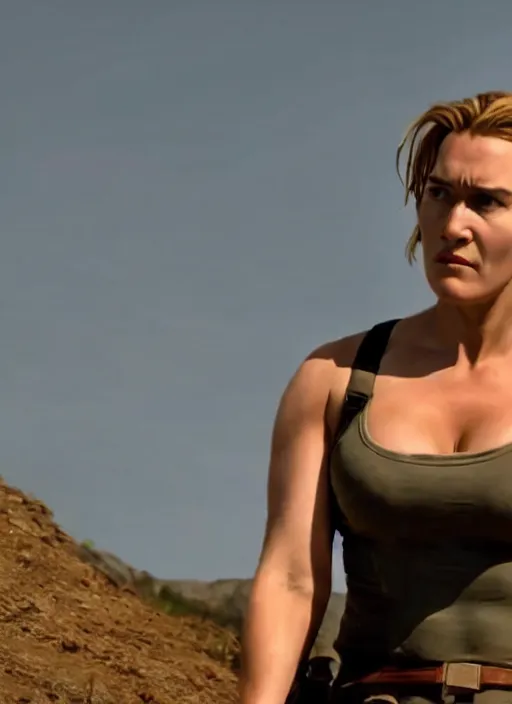 Image similar to a film still of kaye winslet as lara croft, sweat, direct sun light, close up potrait, cinematic,