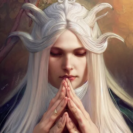 Image similar to goddess, white hair, long hair, hands spread out in prayer, intricate, elegant, ethereal, highly detailed, digital painting, artstation, concept art, smooth, sharp focus, illustration, art by artgerm and greg rutkowski and alphonse mucha