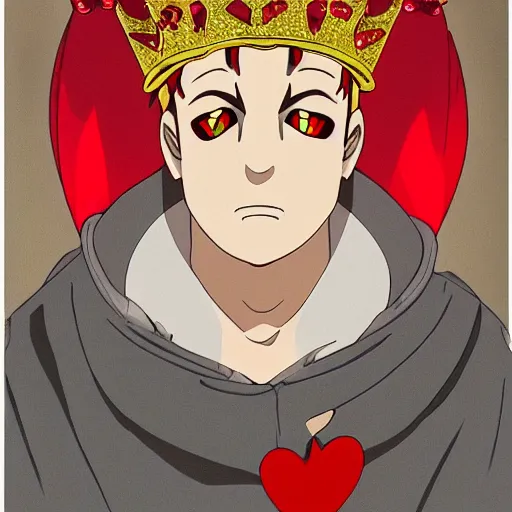 Prompt: man with red eyes and a crown grinning, anime