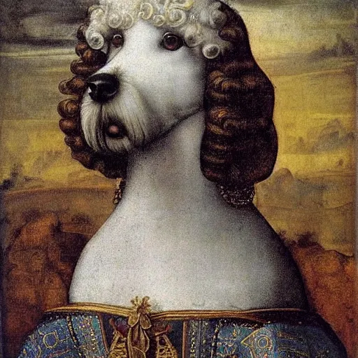 Image similar to portrait of a white poodle as an italian queen, painting by leonardo da vinci