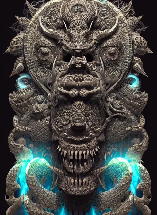 Image similar to 3 d ornate carved shaman with tattoos profile portrait, sigma 5 0 0 mm f / 5. beautiful intricate highly detailed quetzalcoatl skull. bioluminescent, plasma, lava, ice, water, wind, creature, thunderstorm! artwork by tooth wu and wlop and beeple and greg rutkowski, 8 k trending on artstation