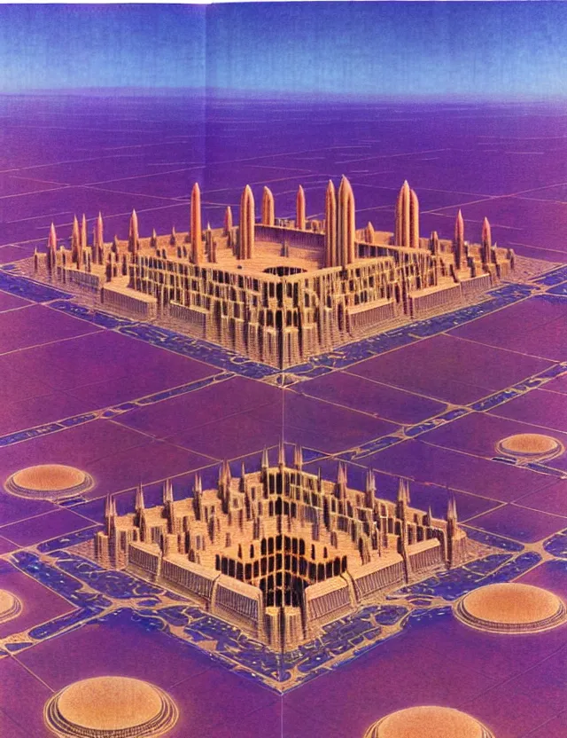 Prompt: bird eye view of a giant immense squared crematorium gothic architecture advanced technology scifi architectural structure desert planet, bruce pennington,