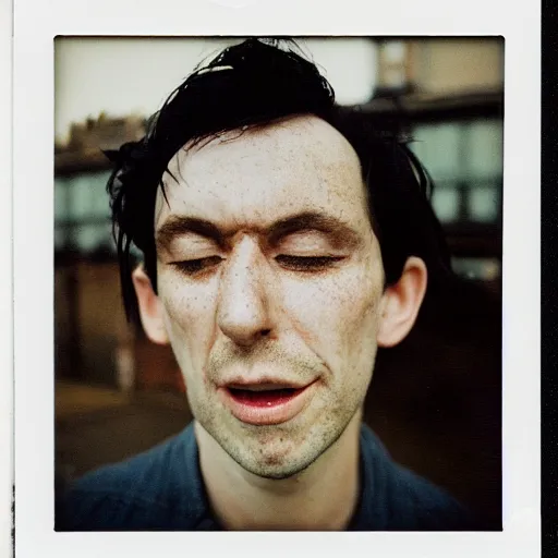 Image similar to a professional polaroid portrait photo of a man with an asymmetrical face with his eyes closed. the man has black hair, light freckled skin and a look of panic on his face. british street photo. extremely high fidelity. key light.