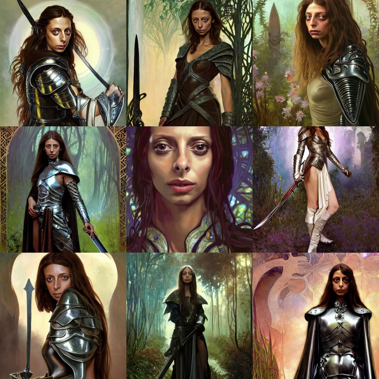 Prompt: angela sarafyan, wizard, leather armor, silver sword, high heel boots, lord of the rings, perfect face, detailed, concerned, digital painting, background is an overgrown spamp, by alphonse mucha, greg rutkowski, frank frazetta