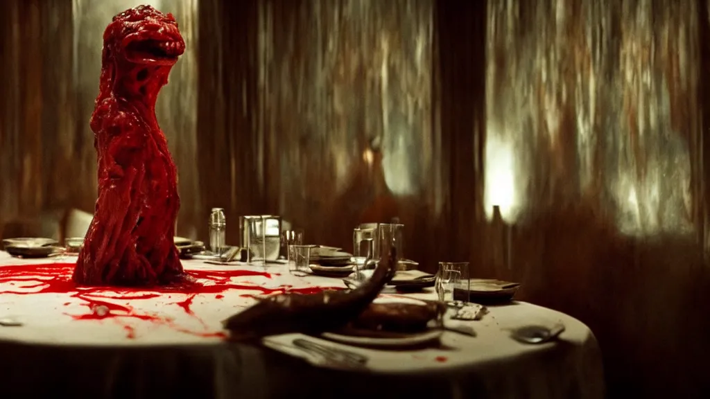 Image similar to the strange creature in a restaurant, made of blood and water, film still from the movie directed by Denis Villeneuve with art direction by Salvador Dalí,