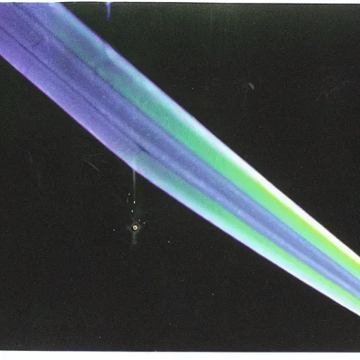 Prompt: black background, a glass triangle being hit by a beam of light, returning a rainbow beam, 1970s