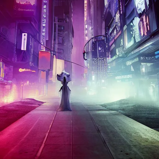 Image similar to Halloween ghost under a sheet, floating ghost, floating over futuristic metropolis sidewalk, at night, bright neon city lights, blade runner, trending on artstation, matte finish, volumetric lighting, 8k, 4k