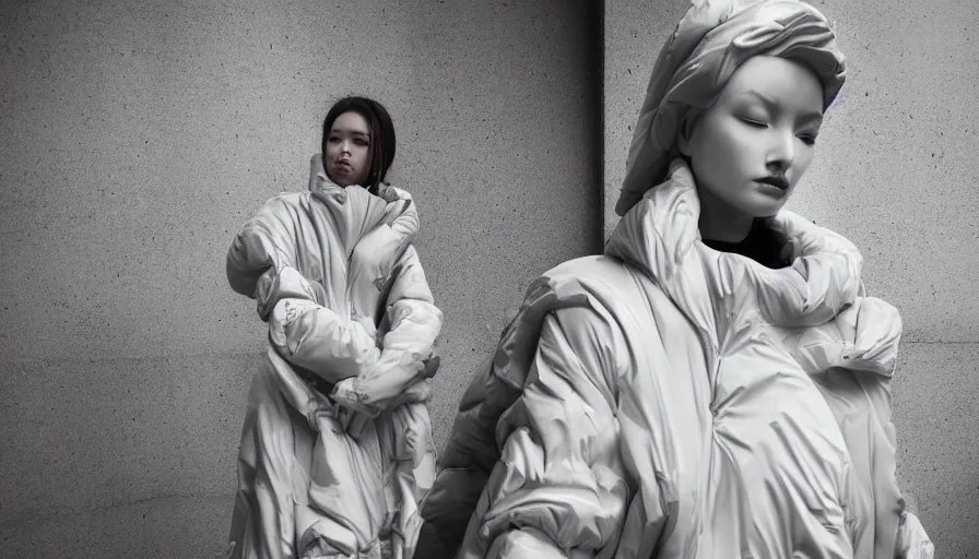 Image similar to well lit fashion shoot portrait of extremely beautiful female marble statue wearing huge over size puffer jacket by dingyun zhang, yeezy, balenciaga, vetements, a cold wall, sharp focus, clear, detailed,, cinematic, detailed, off white, glamourous, symmetrical, vogue, editorial, fashion, magazine shoot, glossy