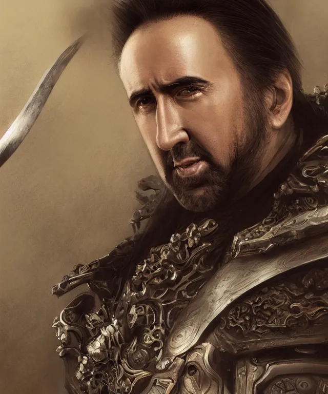 Image similar to Portrait of Nicolas Cage as a samurai from the warring states era Japan, highly detailed, digital painting, artstation, concept art, smooth, sharp focus, illustration by Artgerm and Greg Rutkowski and Tom Bagshaw