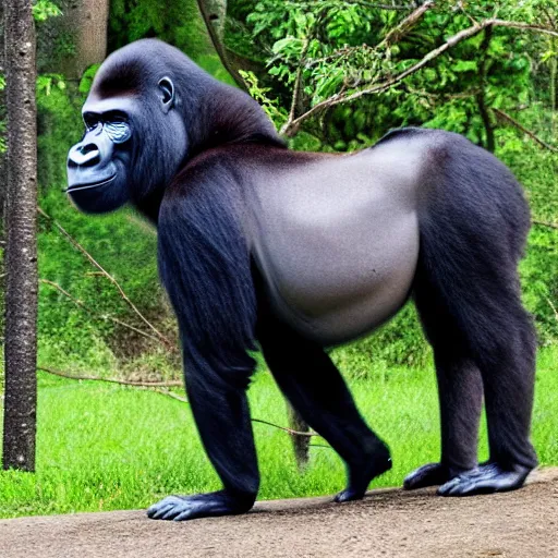 Prompt: gorilla horse hybrid, upright on short hind legs, nature background