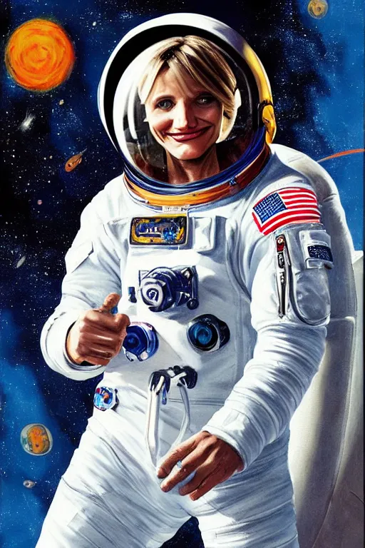 Prompt: Painting of Cameron Diaz as an astronaut in space