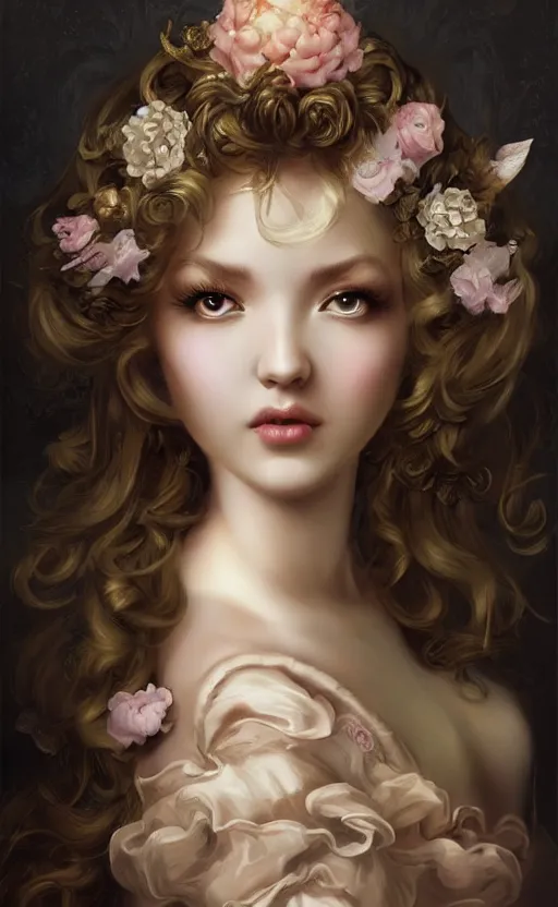 Image similar to pop surrealism, rococo, baroque hair, angelic young female seductive - fine - face, pretty face, key visual, realistic shaded perfect face, fine details by stanley artgerm lau, wlop, mark ryden, andrei riabovitchev, marc simonetti, and sakimichan, trending on artstation