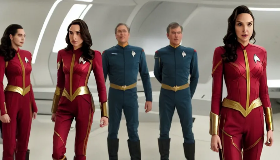 Image similar to Gal Gadot, in full starfleet uniform, is the captain of the starship Enterprise in the new Star Trek movie