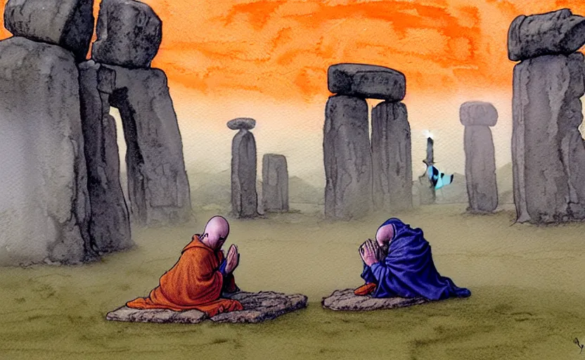 Prompt: a hyperrealist watercolour character concept art portrait of a small grey medieval monk and a giant orange medieval monk kneeling down in prayer in front of a futuristic stonehenge on a misty night. a ufo is in the sky. by rebecca guay, michael kaluta, charles vess and jean moebius giraud