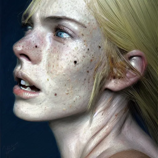 Prompt: an portrait of an happy female celt, blonde hair, lip scar, freckles, detailed, centered, digital painting, artstation, concept art, donato giancola, Joseph Christian Leyendecker, WLOP, Boris Vallejo, Breathtaking, 8k resolution, extremely detailed, beautiful, establishing shot, artistic, hyperrealistic, beautiful face, octane render