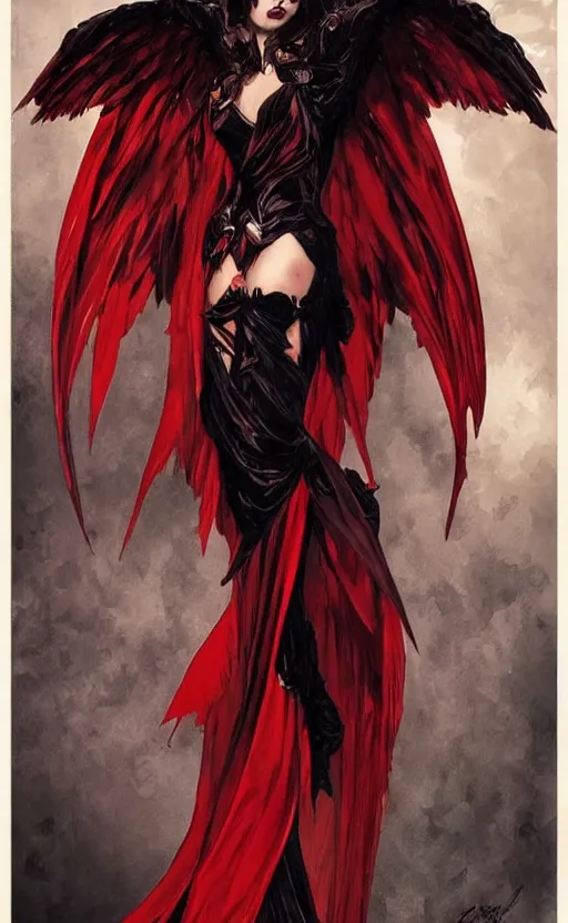 Image similar to Female dark angel in gothic red and black dress, their black wings are extended. By artgerm and greg rutkowski and alphonse mucha