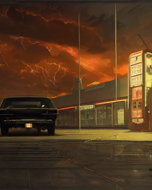 Prompt: a highly detailed epic cinematic concept art CG render digital painting artwork: Soviet gas station, lightning storm. By Greg Rutkowski, in the style of Francis Bacon and Syd Mead and Norman Rockwell and Beksinski, open ceiling, highly detailed, painted by Francis Bacon and Edward Hopper, painted by James Gilleard, surrealism, airbrush, Ilya Kuvshinov, WLOP, Stanley Artgerm, very coherent, triadic color scheme, art by Takato Yamamoto and James Jean