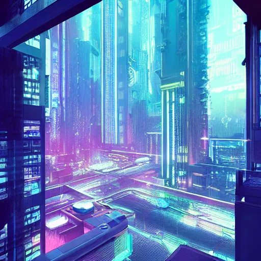 Prompt: looking outside from a penthouse suite in the middle of a cyberpunk city at night by beeple, neon lights, very detailed, flying cars, blade runner 2 0 4 9