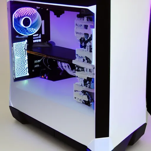 Image similar to futuristic!!! gaming pc with white lighting and a white case, hd photograph, highly detailed, intricate