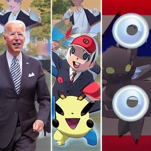 Image similar to joe biden as a pokemon trainer, he has legendary pokemon, cinematic, award winning composite photography