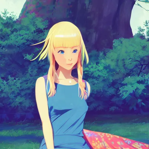 Image similar to portrait of a beautiful girl with blonde hair dressed in 1960's hippie fashion, park background, rich vivid colors, ambient lighting, dynamic lighting, 4k, HQ, official media, anime key visual, makoto shinkai, ilya kuvshinov, lois van baarle, rossdraws, detailed, trending on artstation