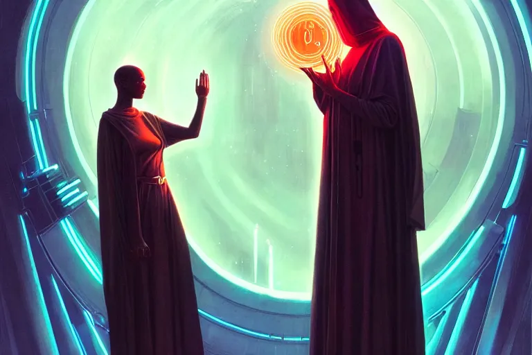 Image similar to patron saint 👩🏾 praying with machine, futuristic long robes clothing, worm hole, neon god of city character portrait, in the style of moebius, wlop, tom bagshaw, and waterhouse, cinematic lighting, beautiful, elegant, oil painting,