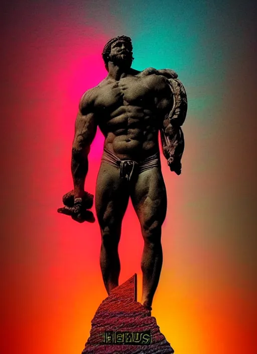 Image similar to statue of hercules, heroic, beeple, vaporwave, retrowave, black background, neon wiring, black, glitch, strong contrast, cuts, pinterest, trending on artstation