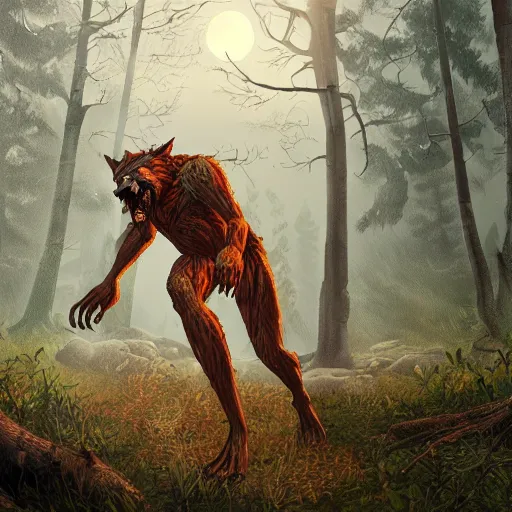 Prompt: man ripping off his skin turning into a werewolf, forest scenery, full moon, illuminated lighting, highly detailed, 4 k