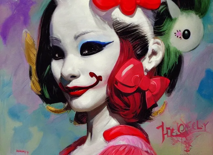 Image similar to a highly detailed beautiful portrait of hello kitty as the joker, by gregory manchess, james gurney, james jean