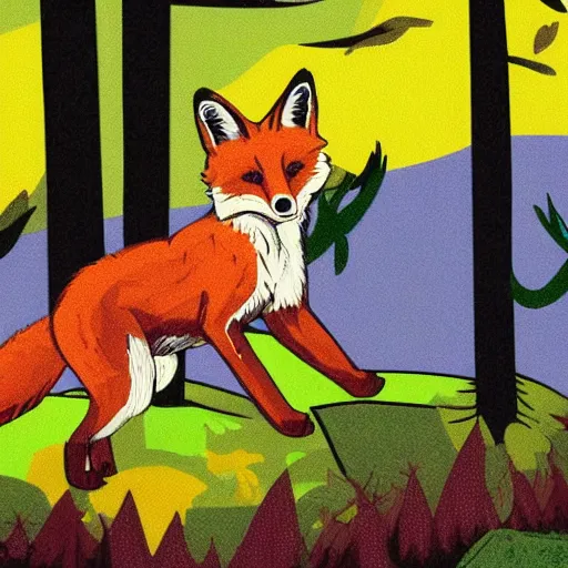 Image similar to fox running through the woods, pop art, high definition