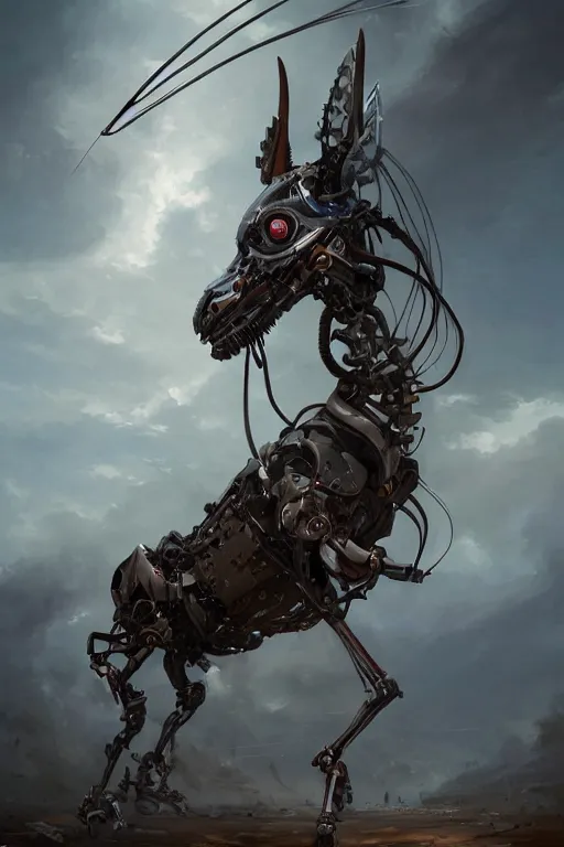 Image similar to 3 quarter view photography portrait of a biomechanical stalion horse illustrated by greg rutkowski and Akira Saito and Peter mohrbacher, boston dynamics, 4k,