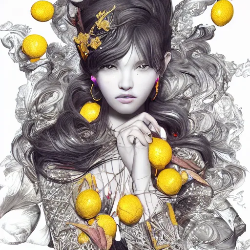 Image similar to the portrait of an absurdly beautiful, graceful, elegant, sophisticated, young idol made up of lemons, an ultrafine hyperdetailed illustration by kim jung gi, irakli nadar, intricate linework, bright colors, octopath traveler, final fantasy, unreal engine 5 highly rendered, global illumination, radiant light, detailed and intricate environment