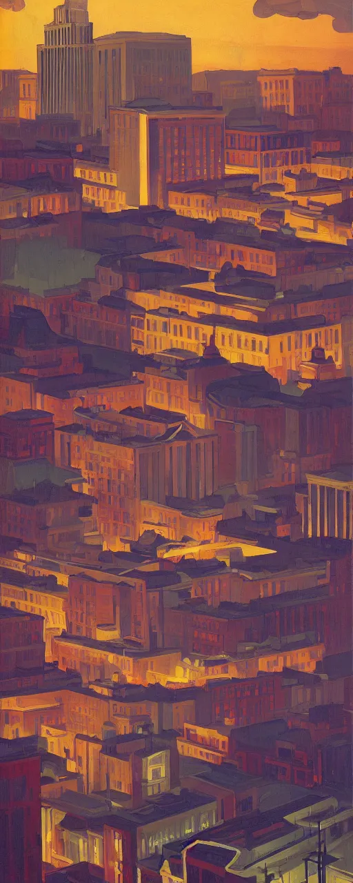 Image similar to Downtown Knoxville, dramatic cinematic lighting, rich colors, golden age illustration, by Sylvain Sarrailh and Nicholas Roerich and Ludwig Deutsch and April Gornik