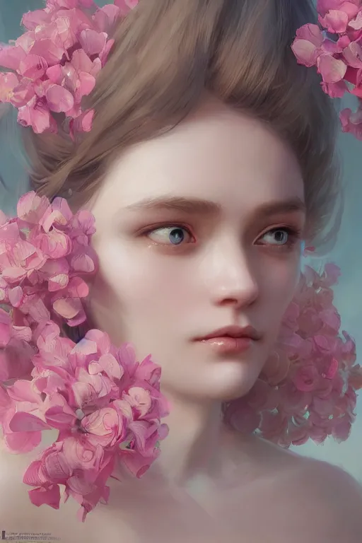 Prompt: face closeup beautiful girl with diamond skin, 3 d render, holding pink flowers, hyper realistic detailed portrait, ruan jia, wlop, fantasy, hyper detailed, octane render, concept art, ornaments, mucha vibe, dieselpunk, solarpunk, artstation, peter mohrbacher