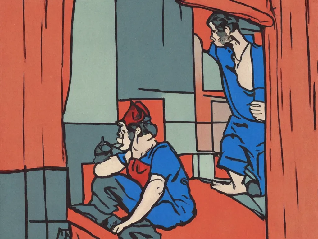 Prompt: single man sitting by the window, smoking a cigarette, blue shorts, red adidas shirt, bedroom, small fan, night, dimly lit, art nouveau style